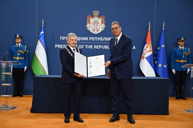 Oʻzbekiston Respublikasi Prezidenti Shavkat Mirziyoyevni Serbiyaning oliy davlat mukofoti – Katta zanjirli Serbiya Respublikasi ordeni bilan taqdirlash marosimi boʻlib oʻtdi.